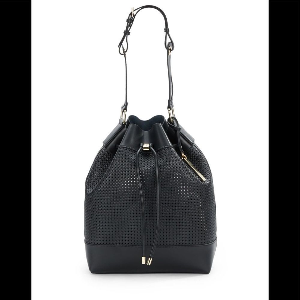 Vince Camuto Black Perforated Drawstring Bucket Bag